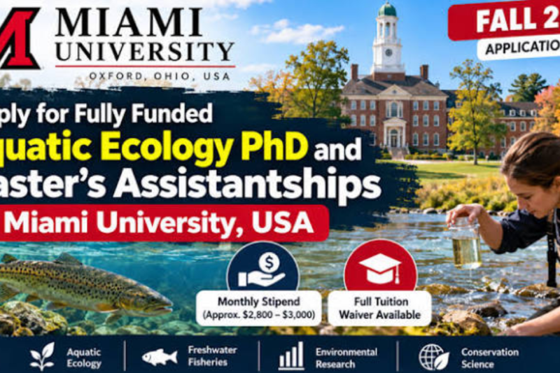 Apply for Fully Funded Aquatic Ecology PhD and Master’s Assistantships at Miami University, USA — Fall 2027: Stipend and Full Tuition Waiver Available