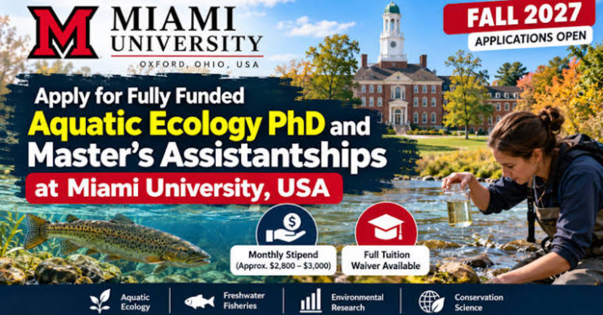 Apply for Fully Funded Aquatic Ecology PhD and Master’s Assistantships at Miami University, USA — Fall 2027