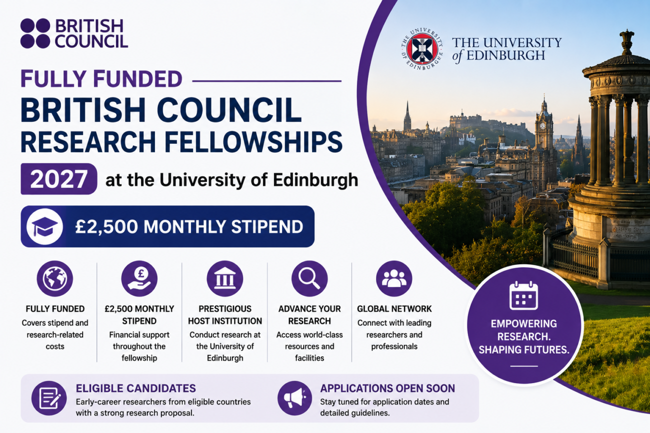 Fully Funded British Council Research Fellowships 2027 at the University of Edinburgh (£2,500 Monthly Stipend)