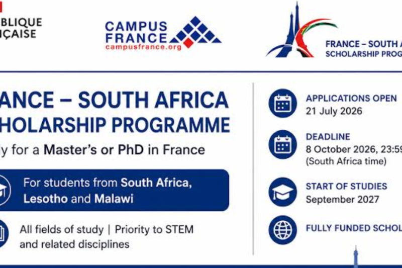 France–South Africa Scholarship Programme 2027: Funding for Master’s and PhD Study – Apply by October 8
