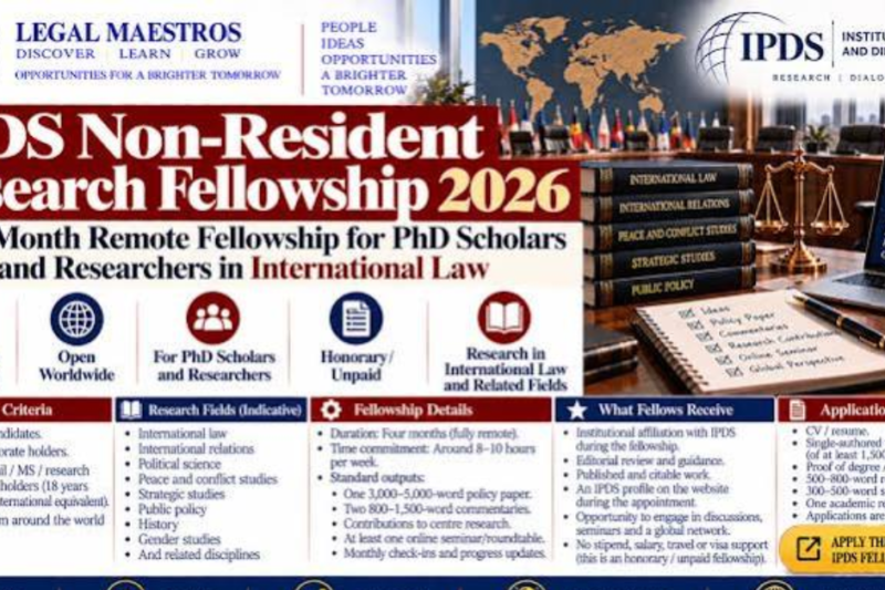Fully Remote Institute of Peace and Diplomatic Studies (IPDS) Non-Resident Research Fellowship 2026: PhD Candidates & MPhil Graduates Can Apply Worldwide